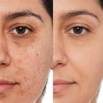 Face lift before and after results with LED light therapy showing improved skin firmness and tone