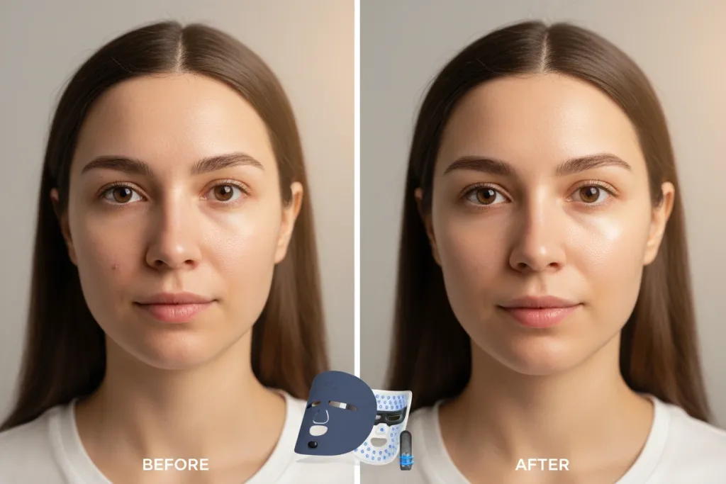 Before and after results of LED face mask treatment showing skin improvement and transformation timeline
