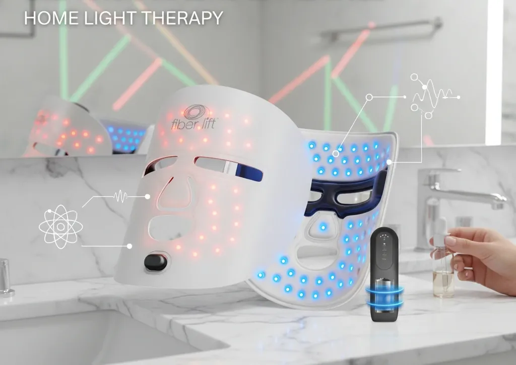 LED face mask with red blue and amber light therapy technology explained for at-home skincare treatment