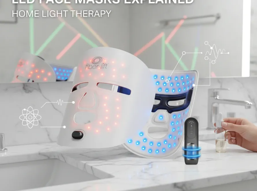 LED face mask with red blue and amber light therapy technology explained for at-home skincare treatment