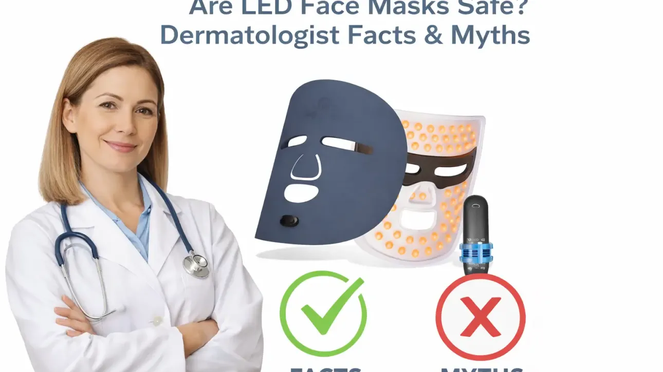 Are LED face masks safe infographic showing dermatologist facts and myths about LED light therapy