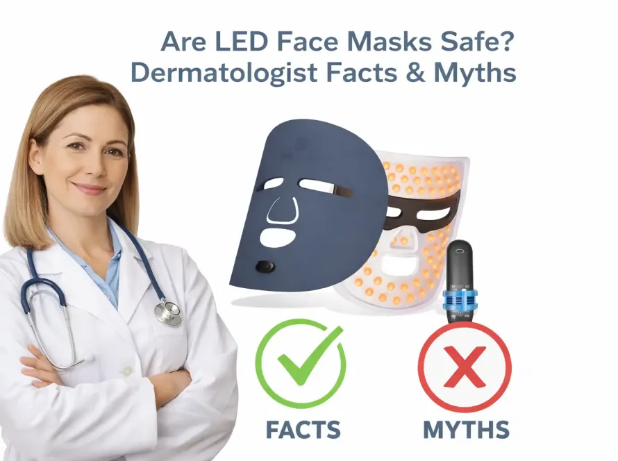 Are LED face masks safe infographic showing dermatologist facts and myths about LED light therapy