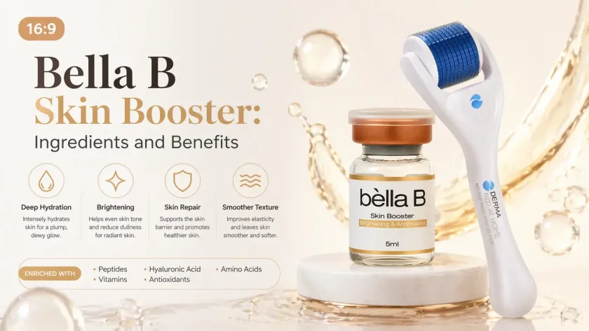 Bella B Skin Booster vial with derma roller on a clean background highlighting ingredients and skin benefits.