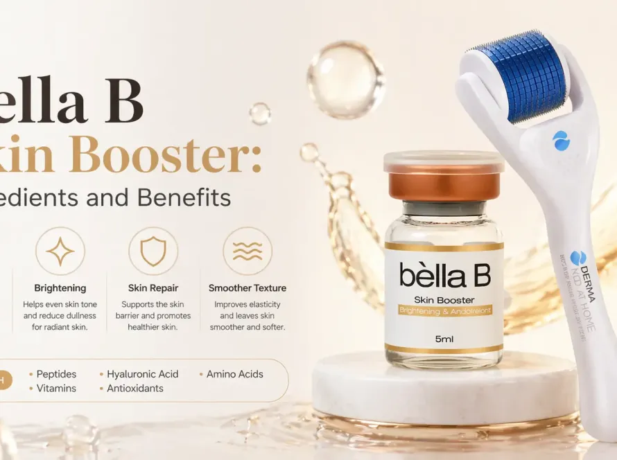 Bella B Skin Booster vial with derma roller on a clean background highlighting ingredients and skin benefits.