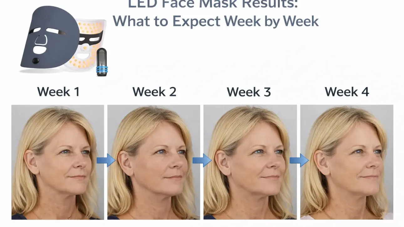 LED face mask results showing week by week skin improvement and treatment progress
