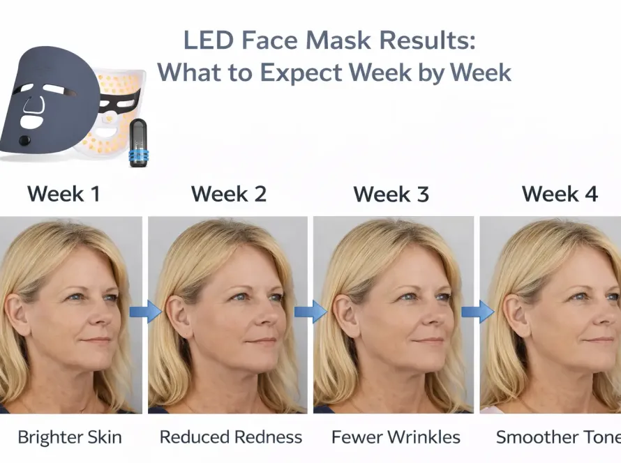 LED face mask results showing week by week skin improvement and treatment progress