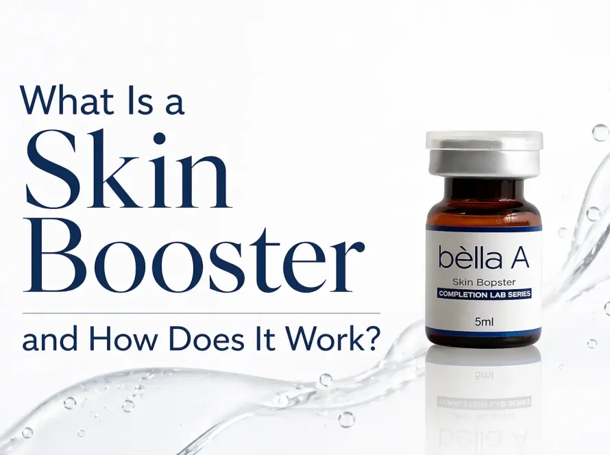 Skin booster vial on a clean background representing hydration and skin rejuvenation.